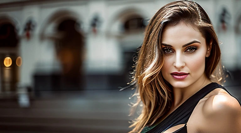 closeup portrait of a young sexy Ukrainian woman with revealing Fit and flare dress in a city , symmetrical face,  Outdoor lighting, Brooding atmosphere, sharp eyes