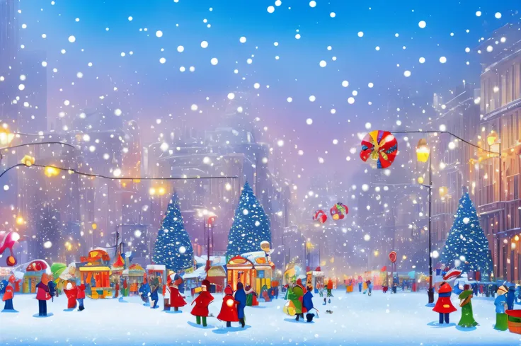 Beautiful, ​masterpiece, Beautiful digital art, colourfull, Beautiful colors, Urban cityscape, Buildings lined up, Winter scenery, Its snowing a little, A little snow falling in the city,  blimp, Christmas Eve, balloons, Smiling person々, carnival day, busy...