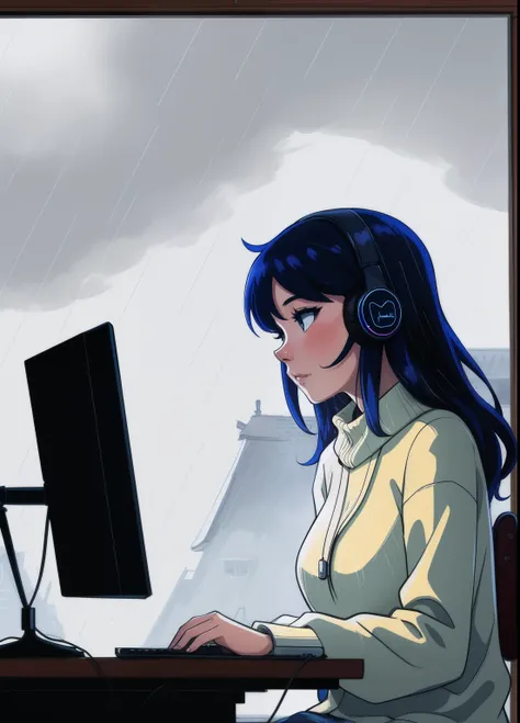 illustration for a programmer sitting at her desk and working on her laptop with a big monitor in the dark, with headphones in her ear listening to music, in a cabin on the roof with rain outside in Disney style, artstation at 2048 x 1152 pixels