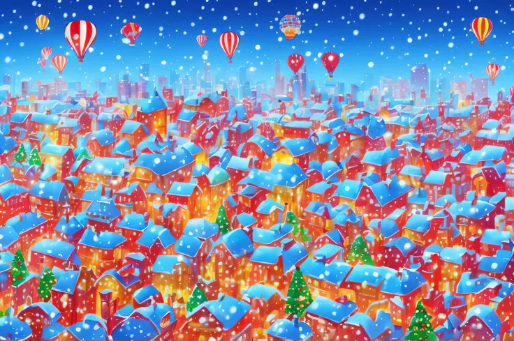 Beautiful, ​masterpiece, Beautiful digital art, colourfull, Beautiful colors, Urban cityscape, Buildings lined up, Winter scenery, Its snowing a little, A little snow falling in the city,  blimp, Christmas Eve, balloons, Smiling person々, carnival day, busy...