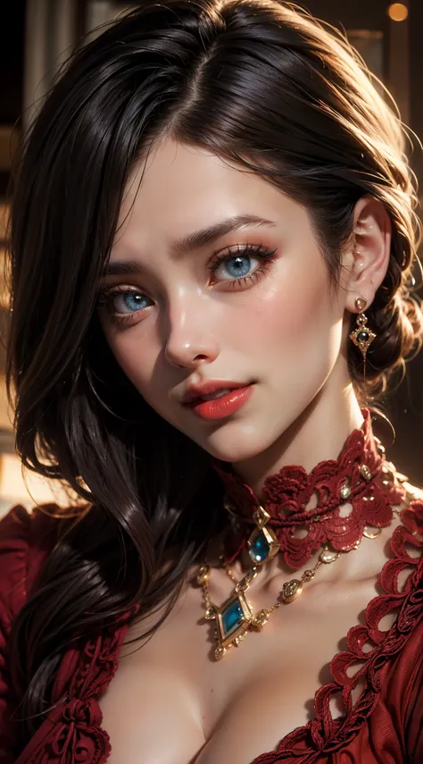 detailed woman face looking at the camera, blue eyes, hot (((thick red lips))), mouth open with sensuality, correct deformed fingers, photorealistic, sharpened eyes, (((eyes to the camera))) slightly smiling