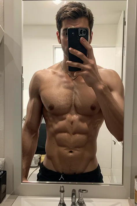 Male hand holding camera and taking selfie in front of mirror, The abs are less pronounced, HD graphics, Hyper Real, Camera shooting effect, 8K