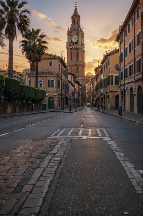 arafed view of a street with a clock tower and a red sky, a picture by Tommaso Dolabella, pexels contest winner, renaissance, rome, rome backdrop, all roads lead to rome, eternal city, roma, italy, italian masterpiece, rome in background, trending, in a ci...