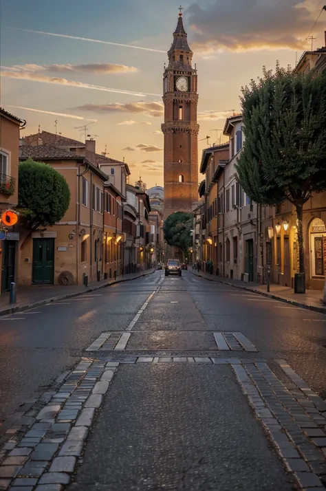 arafed view of a street with a clock tower and a red sky, a picture by Tommaso Dolabella, pexels contest winner, renaissance, rome, rome backdrop, all roads lead to rome, eternal city, roma, italy, italian masterpiece, rome in background, trending, in a ci...