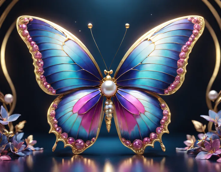 Highest quality,The perfect masterpiece,Perfect artwork,official works,8K,white transparent butterfly， purpleish color，Pink big breasts，blue colors，golden colored,Pearl hallucination,(The front is centered),(Central symmetry)，3S Material,k hd,detail repres...