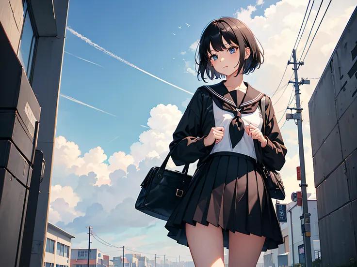 ((masterpiece,best quality)),1girl, from below, solo, school uniform, serafuku, sky, cloud, black hair, skirt, sailor collar, looking at viewer, short hair, building, bangs, neckerchief, long sleeves, cloudy sky, power lines, shirt, cityscape, pleated skir...