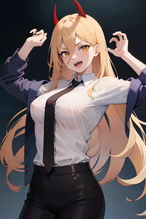 power_csm,  blonde hair,  yellow eyes,  cross-shaped pupils,  symbol-shaped pupils,  red horns,  sharp teeth,  white buttoned shirt,  blue jacket,  black necktie,  black pants,  sneaker shoes,  cowboy shot,  petanko,  smile,  petite,  shirt lift,  black br...