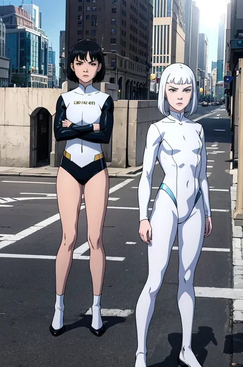 1girl, 14yo child girl, pale skin, metallic white long sleeve swimsuit, black short hair, little body, close mouth, angry face, white shining eyes, full body, crossing arms, city scenary, high quality, perfect details, day, sun illumination, superhero styl...