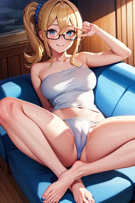 masterpiece, best quality, AiHayasakaV4, ((full body)),((naked body))1girl, solo, breasts, blush, blue eyes, blonde hair, bed,, hair ornament, hair between eyes, nail polish, side ponytail, black glasses, scrunchie, hair scrunchie, blue nails, blue scrunch...