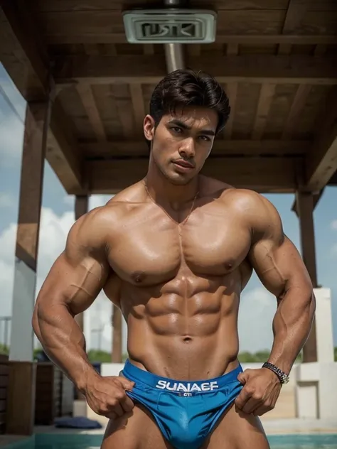 Masterpiece, Best Quality, Solo, super handsome Sundanese Men, bodybuilder, Muscular body, big muscle, Natural eyes, Short and delicate hair, Sexy Man, long hard nipple, looking up at viewer, Triangle Mens Swimwear, large bulge, erection, legs open, Muscul...