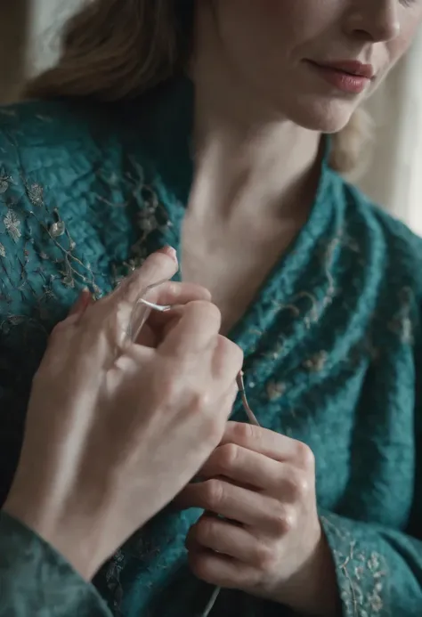 A close-up image of Serenas hand holding a needle and thread, delicately stitching together a patchwork quilt with intricate designs and symbols,The Handmaids Tale,Serena Joy, a pivotal character in “The Handmaid’s Tale,” exudes a composed and elegant deme...