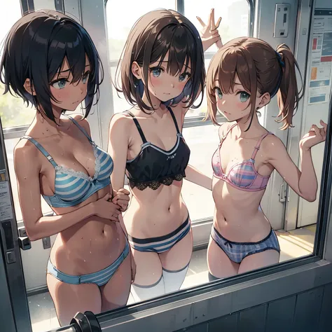 NSFW ４ｋqulity, top-quality, Misaka_mikoto, Brown-eyed, Short_hair, Ultra-small_Breast,）On a train　Blue lingerie　１4age　sexypose　Bewitching　Break white bra for heavy sweating、Pink bra、Blue bra、Green bra、Greybra、Light grey bra、 Striped bra、Polka Dot Bra、Plaid...