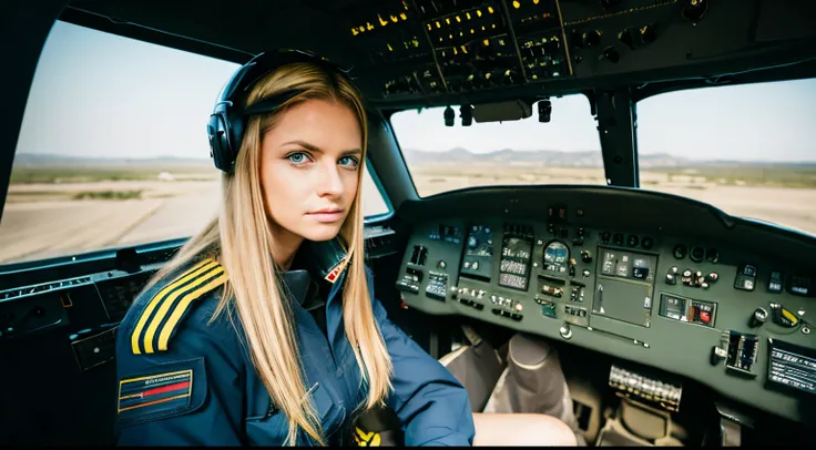 Woman wearing dark green pilot suit and helmet　blonde  hair　blue eyess.　Brown-skinned　Sitting in the cockpit of a helicopter with a nervous look on his face.