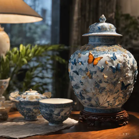 best qualtiy，realisticlying，realisticlying，super-fine，Classic Chinese porcelain vase with highly detailed carvings of butterflies，Southern Ice Porcelain，floral arrangements，ultra-wide-angle，emphasis lighting，Volumetriclighting，The light from the back windo...