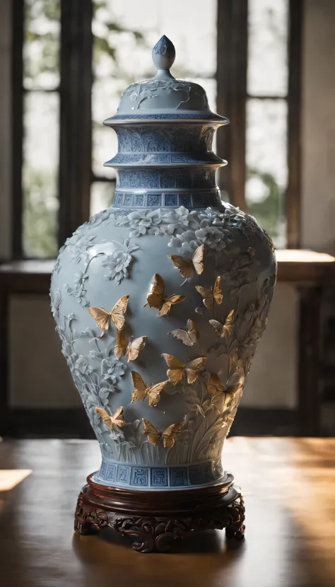 best qualtiy，realisticlying，realisticlying，super-fine，Classic Chinese porcelain vase with highly detailed carvings of butterflies，Southern Ice Porcelain，floral arrangements，ultra-wide-angle，emphasis lighting，Volumetriclighting，The light from the back windo...