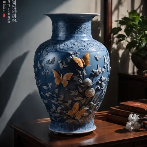 best qualtiy，realisticlying，realisticlying，super-fine，Classic Chinese porcelain vase with highly detailed carvings of butterflies，Southern Ice Porcelain，floral arrangements，ultra-wide-angle，emphasis lighting，Volumetriclighting，The light from the back windo...