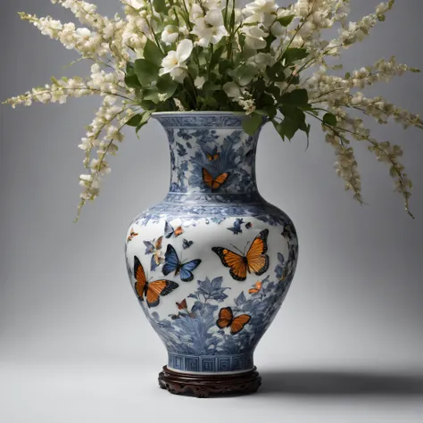 best qualtiy，realisticlying，realisticlying，super-fine，Classic Chinese porcelain vase with highly detailed carvings of butterflies，floral arrangements，ultra-wide-angle，emphasis lighting，Volumetriclighting，The light from the back window is backlighted，（detai...