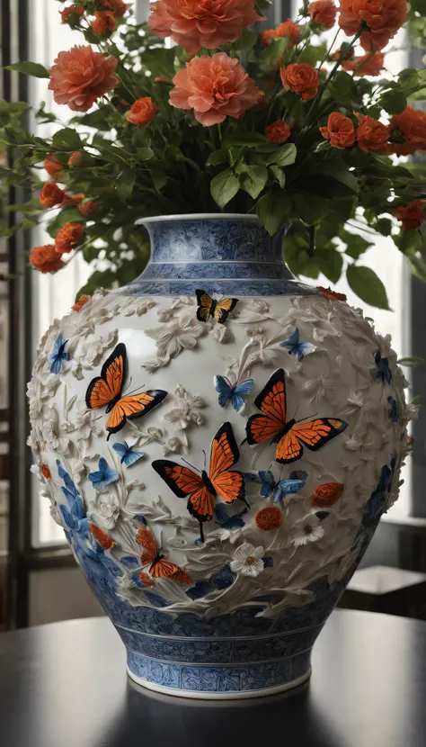 best qualtiy，realisticlying，realisticlying，super-fine，Classic Chinese porcelain vase with highly detailed carvings of butterflies，floral arrangements，ultra-wide-angle，emphasis lighting，Volumetriclighting，The light from the back window is backlighted，（detai...