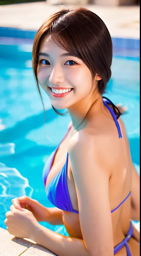 22year old、kawaii、well-styled、in poolside、colorful bikini、C Cup、a smile。