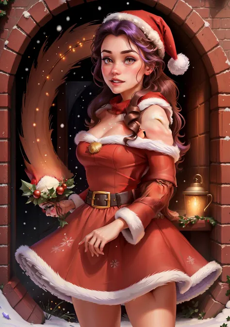 (BelleWaifu:1), (Santa Clauss red hat:1.5), snow on the background, surprised, cute, cute pose, looking at the viewer, (hairstyle square), (purple hair), (red skirt:1.2), (purple fluffy sweater on the naked body:1.2), :D, (realistic: 1), (cartoon), (master...