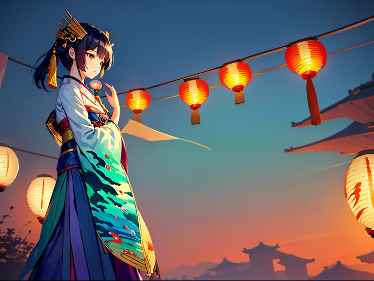 Official art, Unity 8k壁纸, ultra-detailliert, Beautiful and aesthetic, masutepiece, Best Quality, (fire, Water, bow ribbon, paper cutting), (Fractal Art:1.3) 1girl in,building, (Solo:1.5), Chinese_Clothes,  Outdoors, wide_sleeves, Sunset, (Falling_Leaves:1....