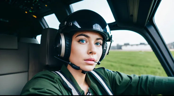 A black woman with blue eyes wearing a dark green pilot suit and helmet. She has brown skin and looks nervous as she sits in the cockpit of a helicopter.