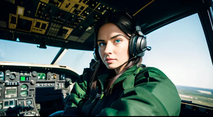 A black woman with blue eyes wearing a dark green pilot suit and helmet. She has brown skin and looks nervous as she sits in the cockpit of a helicopter.