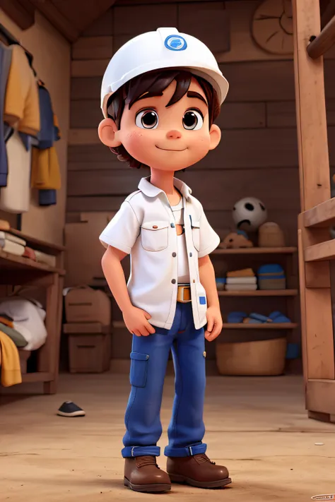 mascot similar to a boy with a white safety helmet, estilo disney pixar, camisa branca, pants and boots, melhor qualidade