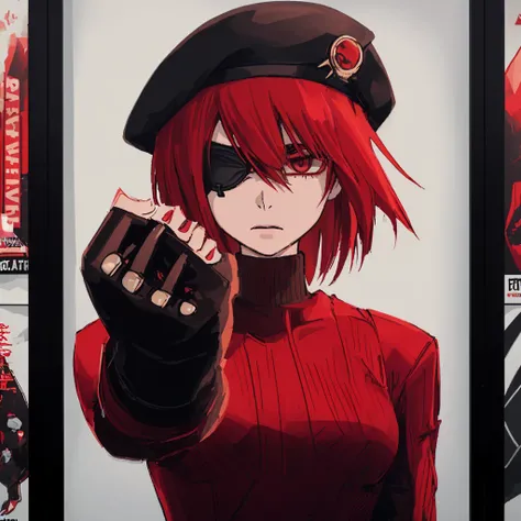 A movie poster showing a young androgynous male with shoulder length red straight bob hair, and red bangs covering their eyes, flat chest, no boobs, wearing a black beret, black eyes, an eyepatch on the right eye, red turtleneck, black fingerless gloves, b...