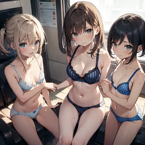 NSFW ４ｋqulity, top-quality, Misaka_mikoto, Brown-eyed, Short_hair, Ultra-small_Breast,）On a train　Blue lingerie　１4age　sexypose　Bewitching　Break white bra for heavy sweating、Pink bra、Blue bra、Green bra、Greybra、Light grey bra、 Striped bra、Polka Dot Bra、Plaid...