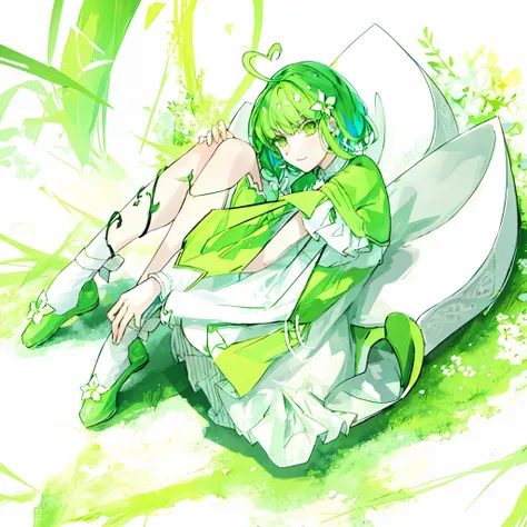 girl with green hair, sit in a white flower, green and yellow dress, green shoes