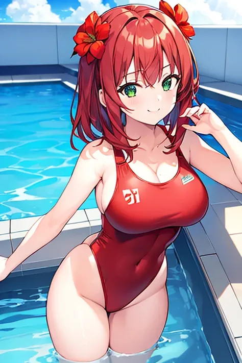 1girl, medium hair, red hair, flower ornament, hair ornament, ornament, one-piece swimsuit, red lines, red line, green eyes, blue swimsuit, competition swimsuit, large breasts, thick thighs, wide hips, pool, poolside, smile, light smile, 2d, anime style, a...