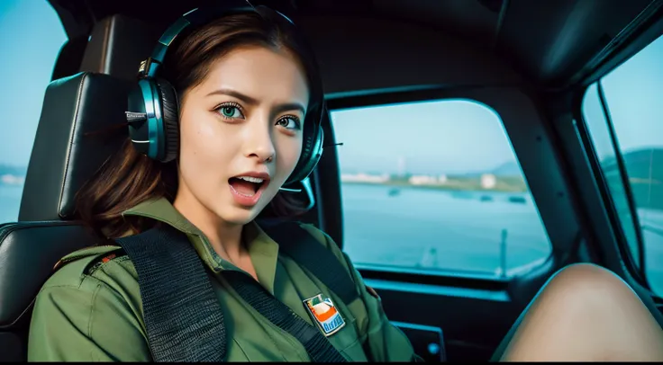 Beautiful woman wearing dark green pilot suit and helmet　　blue eyess.　Brown-skinned　Open Mouth and Screaming　～sit in the cockpit of a helicopter.