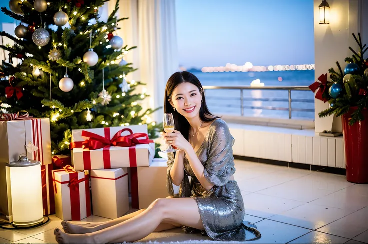 A full-body portrait of a realistic woman at a festive Christmas setting by the sea at night. Inspired by the uploaded reference, the woman is elegantly dressed in holiday attire, holding a glass of champagne. The backdrop is a seafront adorned with Christ...