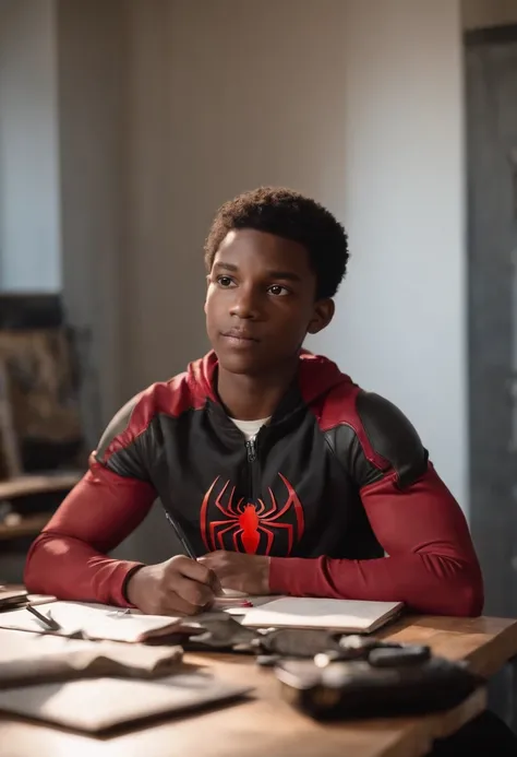 An image of Miles sitting at his art desk, surrounded by sketchbooks and art supplies.,Marvel Comics,Miles Morales, the dynamic character from the “Spider-Man” universe, is a young, black athletic teenager with a lean build, often seen in his distinctive b...