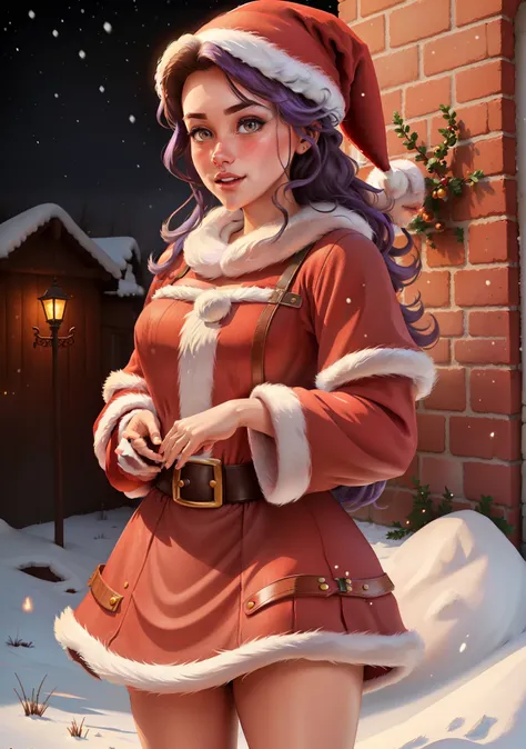 (BelleWaifu:1), (Santa Clauss red hat:1.5), snow on the background, surprised, cute, cute pose, looking at the viewer, (hairstyle square), (purple hair), (red skirt:1.2), (purple fluffy sweater on the naked body:1.2), :D, (realistic: 1), (cartoon), (master...