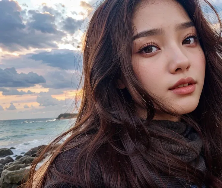 Arafa woman with long brown hair standing on the beach, Mulher sul-coreana bonita, mulher coreana jovem bonita, dilraba dilmurat, linda mulher coreana jovem, menina coreana,  Naeyeon do twice, jennie do blackpink, Krystal, Bae Suzy, Lee Ji - Eun, Lee Ji-eu...