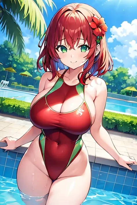 1girl, medium hair, red hair, flower ornament, hair ornament, ornament, one-piece swimsuit, green eyes, blue swimsuit, competition swimsuit, huge breasts, thick thighs, wide hips, pool, poolside, smile, light smile, 2d, anime style, anime screencap, blue c...