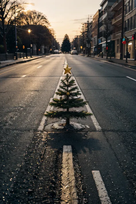 melting of a christmas tree and asphalt road