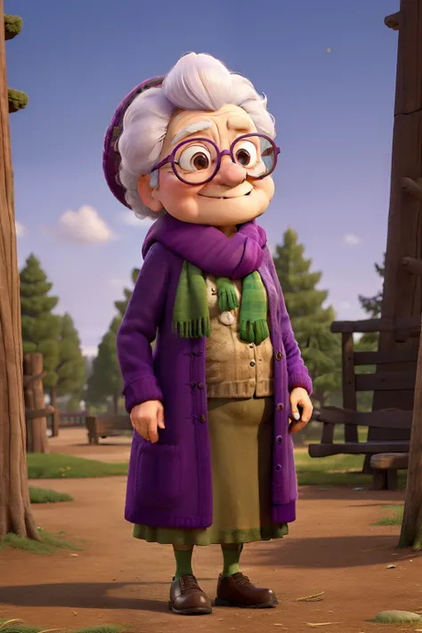 masterpiece, best quality, an old woman with glasses and a scarf on, wearing a purple coat and green scarf, standing at the park