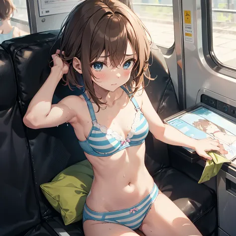 NSFW ４ｋqulity, top-quality, Misaka_mikoto, Brown-eyed, Short_hair, Ultra-small_Breast,）On a train　Blue lingerie　１4age　sexypose　Bewitching　Break white bra for heavy sweating、Pink bra、Blue bra、Green bra、Greybra、Light grey bra、 Striped bra、Polka Dot Bra、Plaid...