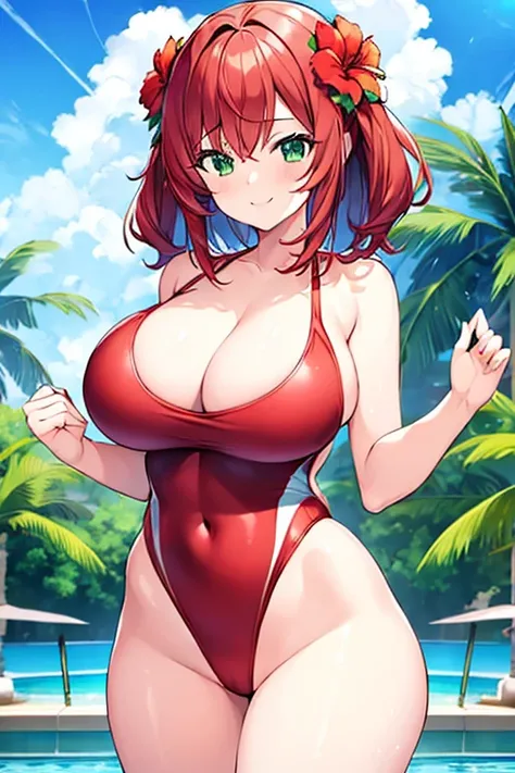 1girl, medium hair, red hair, flower ornament, hair ornament, ornament, one-piece swimsuit, green eyes, blue swimsuit, competition swimsuit, huge breasts, thick thighs, wide hips, pool, poolside, smile, light smile, 2d, anime style, anime screencap, blue c...