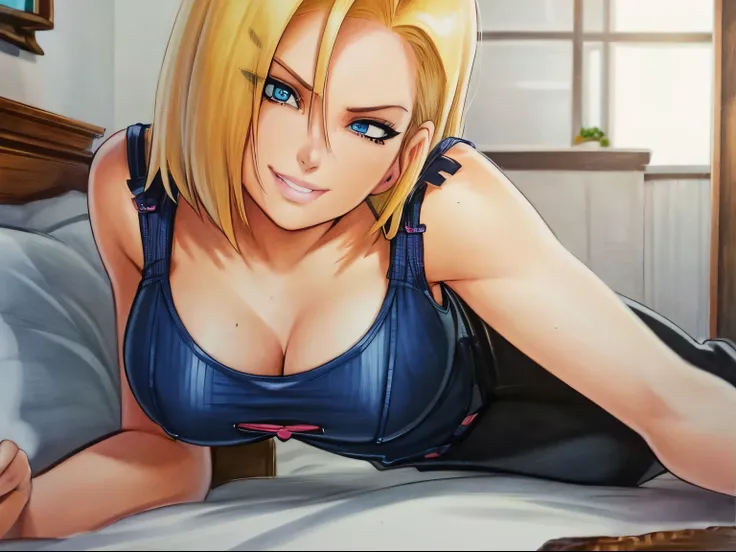 marker (medium), traditional media, unparalleled masterpiece, 8k uhd, perfect artwork, mature woman, android 18, blonde hair, blue eyes, short hair, photo, anime, bra, cleavage, ((gentle smile)), (((laying sideways))), bedroom, panties