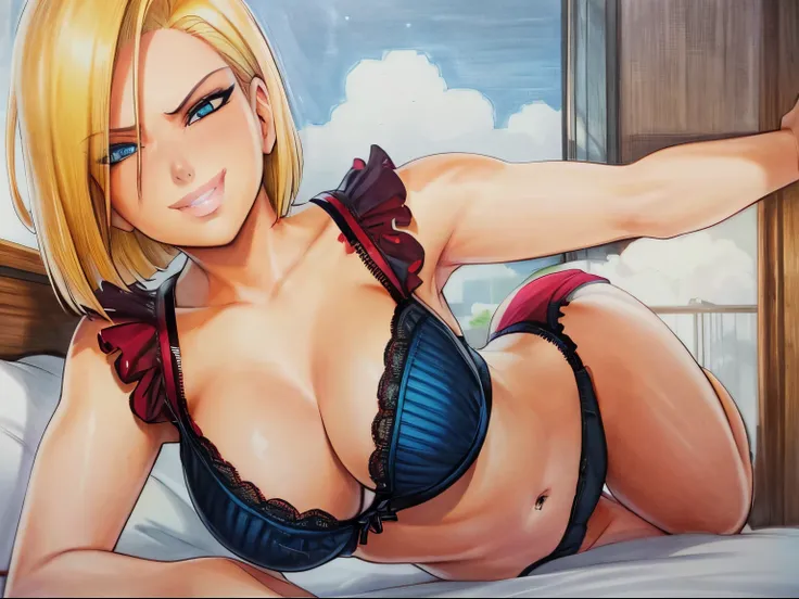 marker (medium), traditional media, unparalleled masterpiece, 8k uhd, perfect artwork, mature woman, android 18, blonde hair, blue eyes, short hair, photo, anime, bra, cleavage, ((gentle smile)), (((laying sideways))), bedroom, panties, (((underwear)))