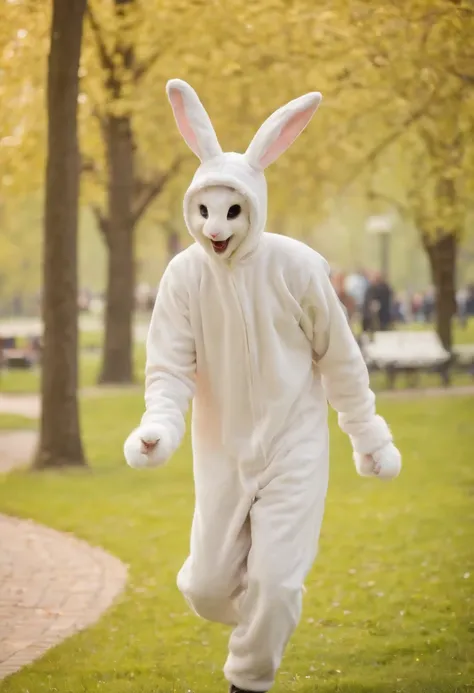 A picture of a person wearing a rabbit costume and hopping around in a local park.,original,I love rabbit.