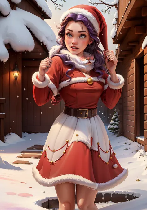 (BelleWaifu:1), (Santa Clauss red hat:1.5), snow on the background, surprised, cute, cute pose, (posing sexually:1) looking at the viewer, (hairstyle square), (purple hair), (red skirt:1.2), (purple fluffy sweater on the naked body:1.2), :D, (realistic: 1)...