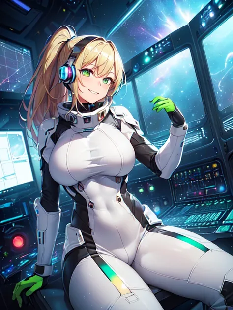 ​masterpiece:1.4, 1girl in ((20yr old, Dressed in a tight futuristic bodysuit in white and silver, long boots, huge-breasted, Multicolored blonde hair, twin ponytail, Perfect model body, Green eyes:1.4, Wearing headphones, Flirting, Happy, Big smile, Looki...