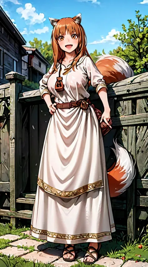 (holo:1.5), (holoBrownDress:1.5), masterpiece, best quality, absurdres, 1girl, looking at viewer, standing, cowboy shot, outdoors, medieval, cobblestone street, town, pouch, sash, smile, fruit, apple, basket,big breast, curvy, silver hair, white hair, full...