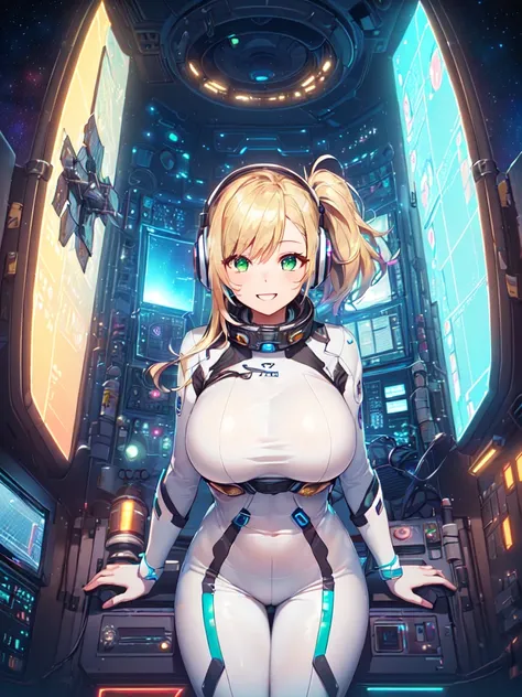 ​masterpiece:1.4, 1girl in ((20yr old, Dressed in a tight futuristic bodysuit in white and silver, long boots, huge-breasted, Multicolored blonde hair, twin ponytail, Perfect model body, Green eyes:1.4, Wearing headphones, Flirting, Happy, Big smile, Looki...