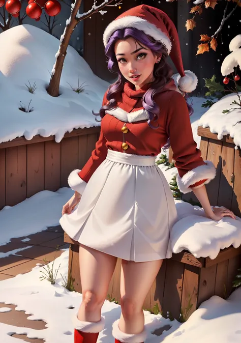 (BelleWaifu:1), (red santa claus hat:1.5), Snow in the background, Surprised, Cute, cute pose, looking at the viewer, (Square hairstyle), (purple hair), (red skirt:1.2), (purple fluffy sweater on a naked body:1.2), :D, (Realistic: 1), (cartoony), (Masterpi...